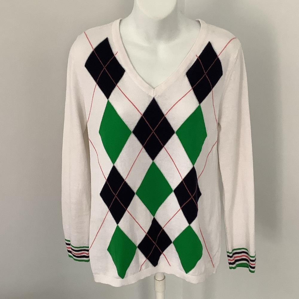Tommy Hilfiger Argyle V-Neck Cotton Preppy Sweater  Sz. S